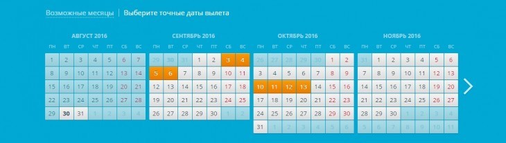 Выбор точных дат в календаре низких цен Авиасейлс